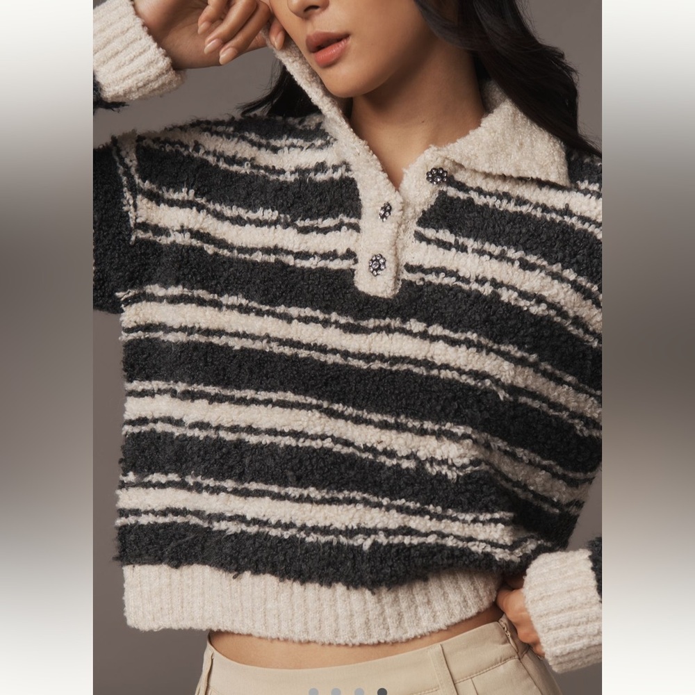 MAEVE ANTHROPOLOGIE Striped Polo Sweater in Black and White with Buttons - Picture 5 of 10